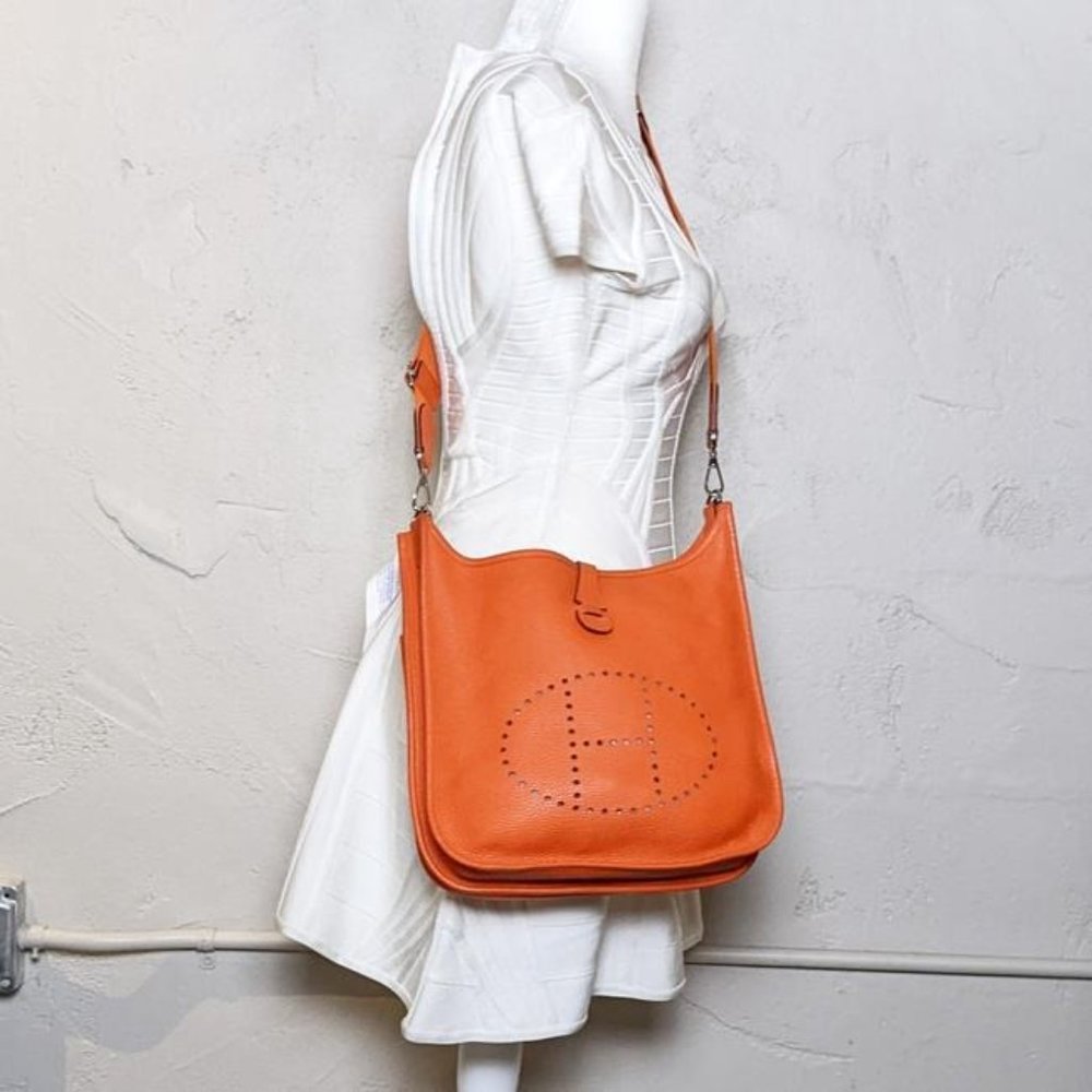 SOLD Hermes Evelyne Iii Pm Orange Clemence Leather Cross Body Bag - Picture 11 of 11